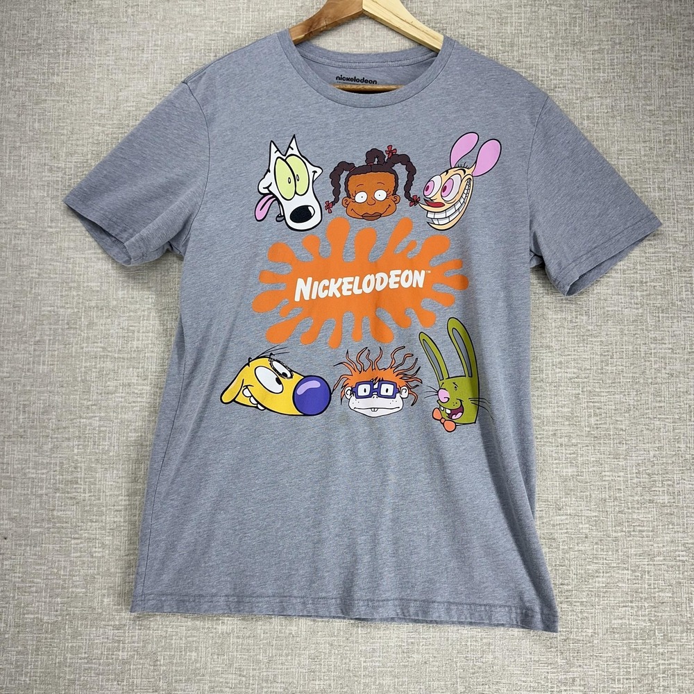 Nickelodeon Shirt Mens Large Gray 90s Cartoon Characters Graphic Tee Tagless